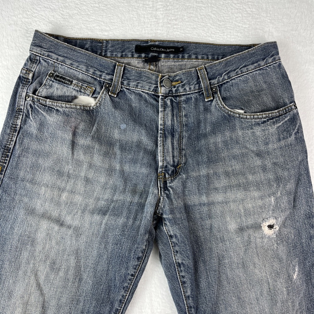 Calvin Klein Stretch Straight Cut Jeans Mens 34 Blue Denim Light Wash Distressed